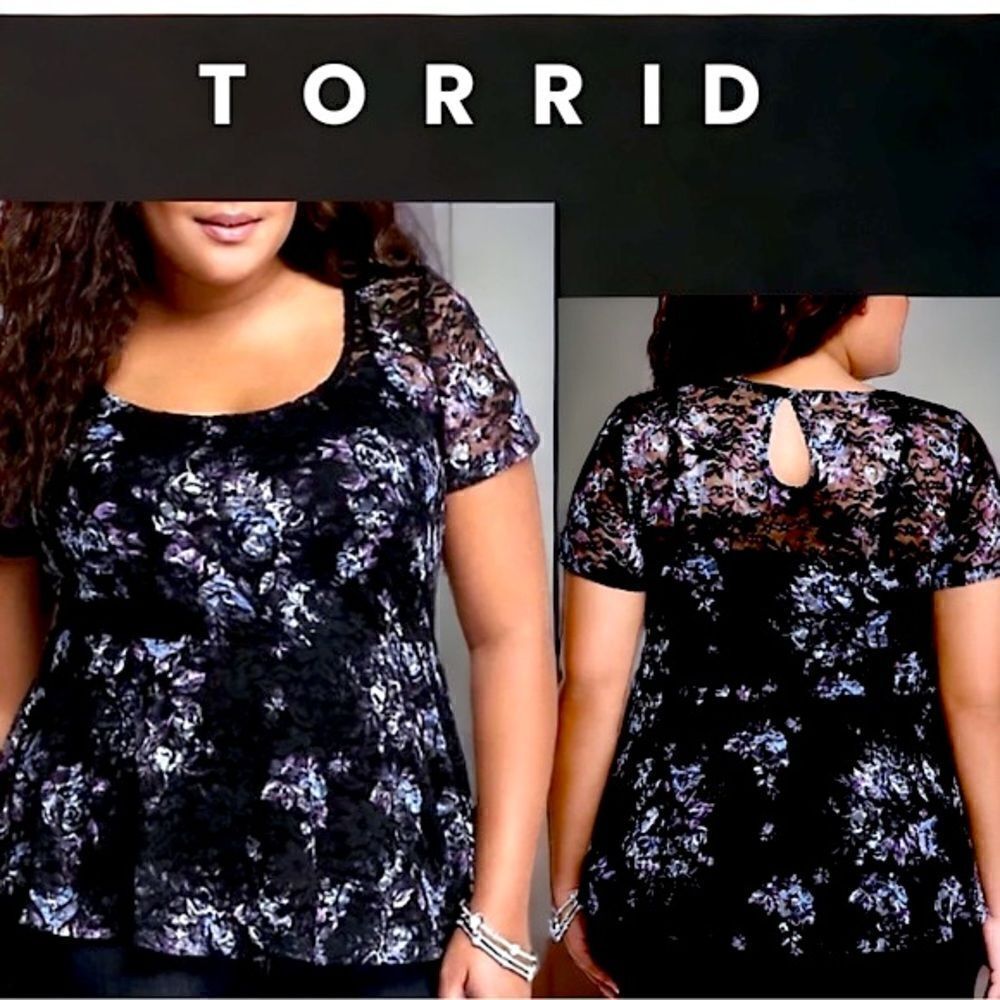 TORRID l Floral Lace Top l Peplum Hem l Keyhole Back l Black l Torrid 2 l EUC